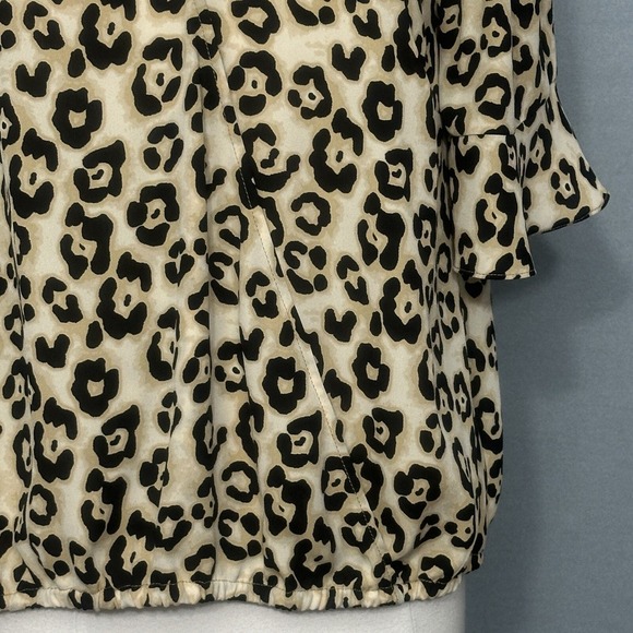 Y2K Animal Print Womens Top M Derona Surplice Beige Leopard Ruffle Classic Mob - Picture 3 of 13